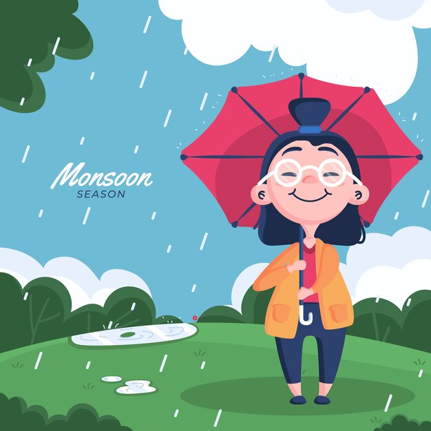 Illustrazione piatta della stagione dei monsoni con una persona sotto la pioggia con l'ombrello