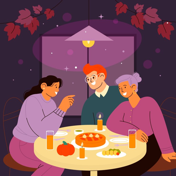 Vettore gratuito illustrazione piatta di amicizia con gli amici che cenano insieme al tavolo