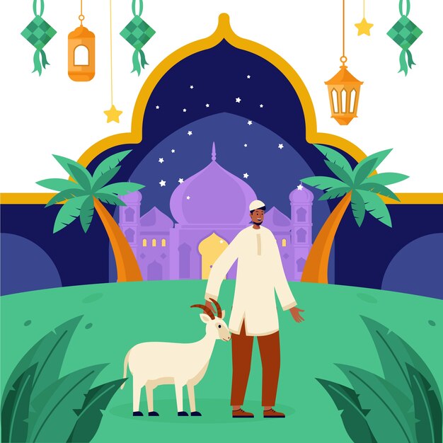 Illustrazione piatta di eid al-adha con capra e uomo