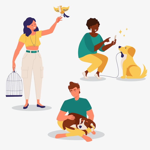 Illustrazione piatta di persone con animali domestici