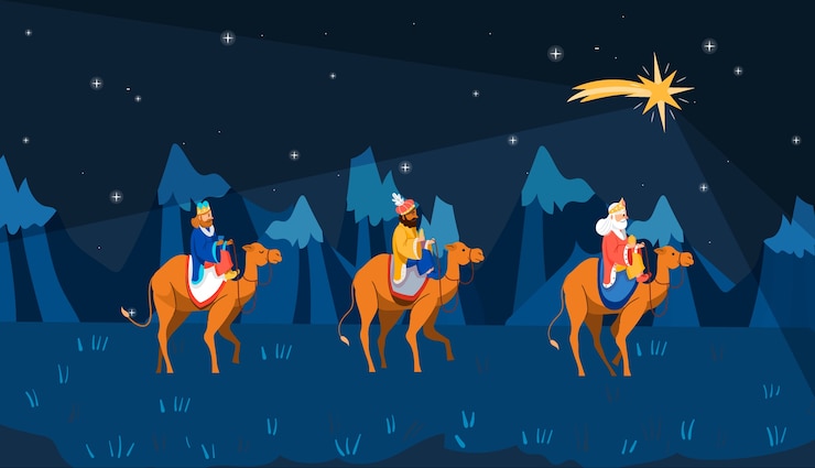 Vettore gratuito illustrazione piatta di reyes magos che arriva al presepe