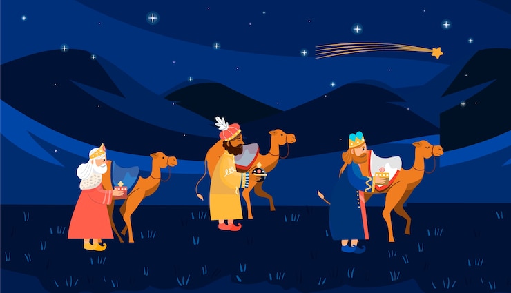 Vettore gratuito illustrazione piatta di reyes magos che arriva al presepe