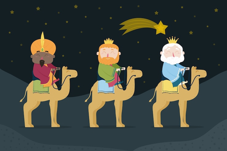 Vettore gratuito illustrazione piatta di reyes magos che arriva al presepe