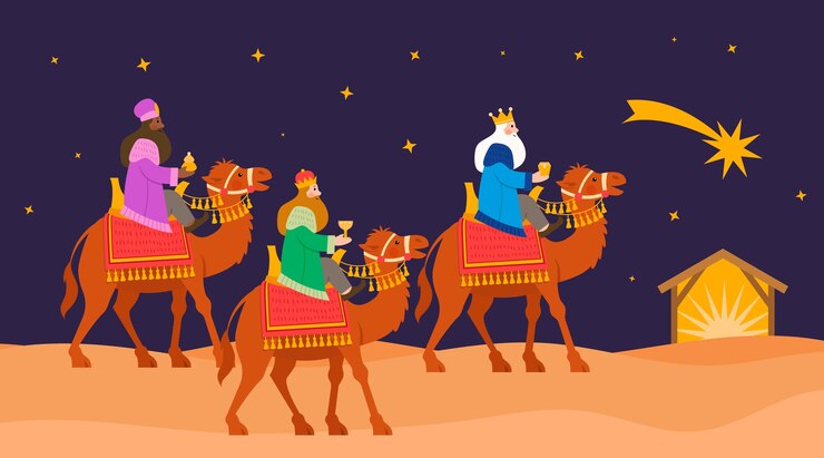 Vettore gratuito illustrazione piatta di reyes magos che arriva al presepe