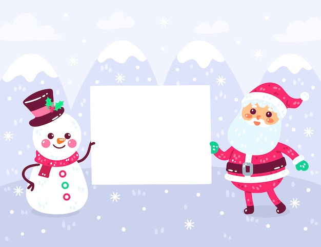 Illustrazione piatta disegnata a mano di personaggi natalizi che tengono banner bianco