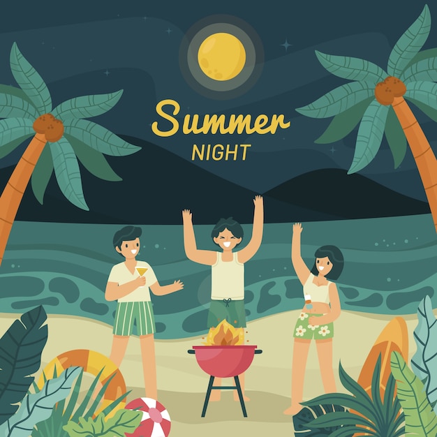Illustrazione piatta notte d'estate con persone che fanno il barbecue sulla spiaggia