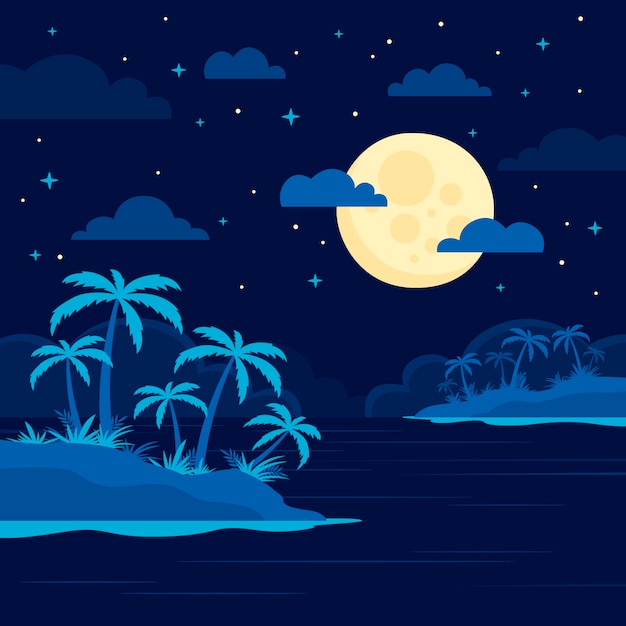 Illustrazione piatta notte d'estate con vista sulla spiaggia