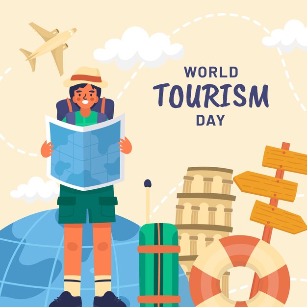 Illustrazione piatta per la celebrazione della giornata mondiale del turismo