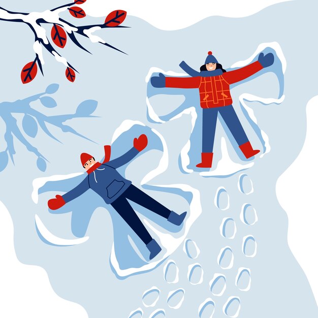 Illustrazione piatta per la stagione invernale con persone che fanno angeli di neve