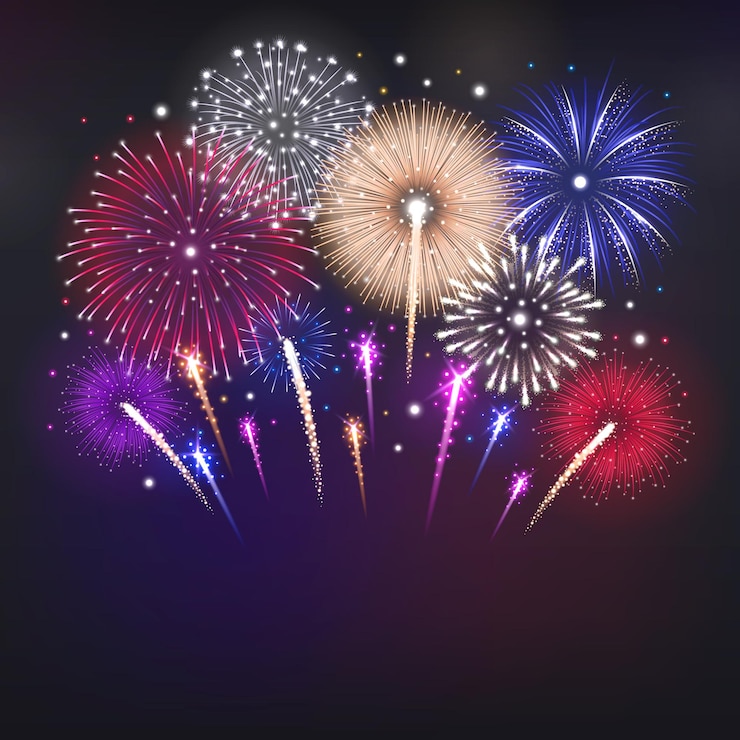 Vettore gratuito illustrazione realistica con fuochi d'artificio colorati incandescente sul cielo scuro