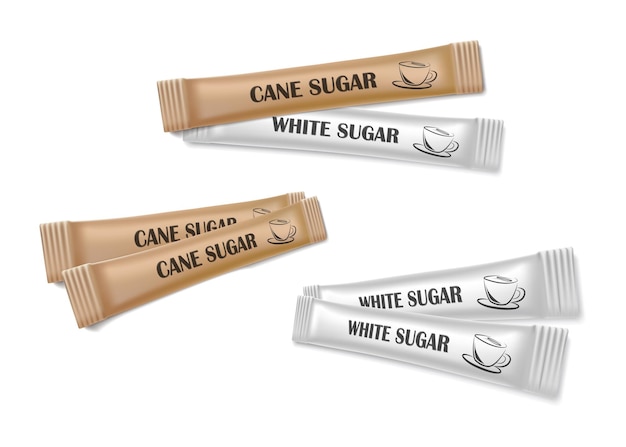 illustrazione realistica dell'icona vettoriale Tubi di zucchero bianco e di canna Sacchetti di carta isolati su retro bianco