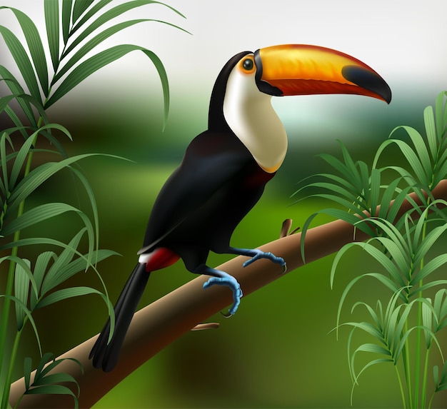 Illustrazione realistica dell'uccello Tucano sulla foresta della giungla