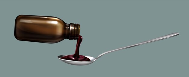 Illustrazione realistica dello sciroppo per la tosse con il cucchiaio