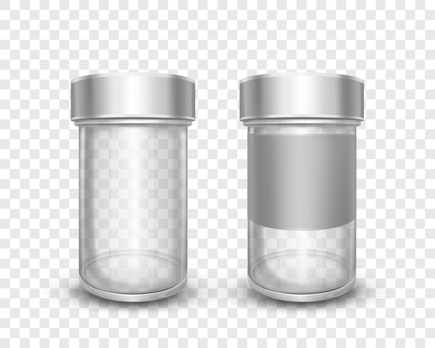 Illustrazione realistica di vettore di vasetti di vetro vuoti con tappi di metallo isolati su sfondo trasparente. Lattina pulita con coperchio argentato. Imballaggi per zucchero, sale, pepe, spezie e prodotti sfusi per la cucina.