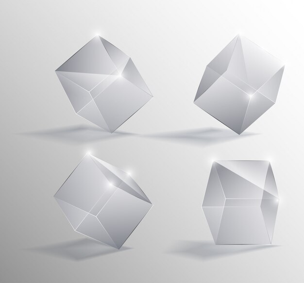 Illustrazione realistica vettoriale di un cubo di vetro trasparente in posizioni diverse