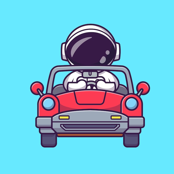 Vettore gratuito illustrazione sveglia dell'icona di vettore del fumetto dell'automobile di guida dell'astronauta. icona del trasporto di scienza isolata
