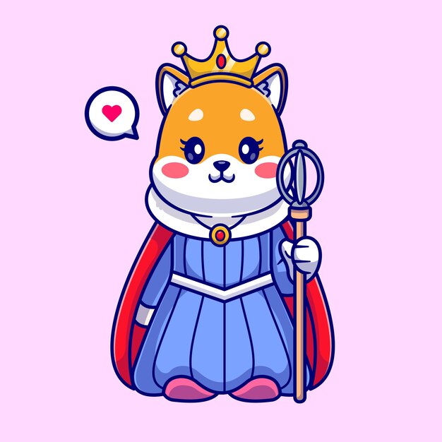 Illustrazione sveglia dell'icona di vettore del fumetto della regina del cane di Shiba Inu con la corona. Icona di vacanza animale isolata