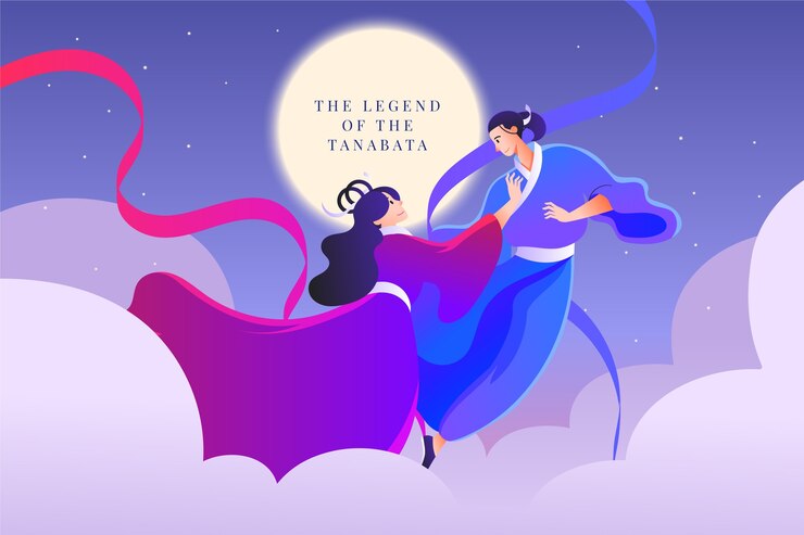 Vettore gratuito illustrazione tanabata sfumata con coppia alla luna piena