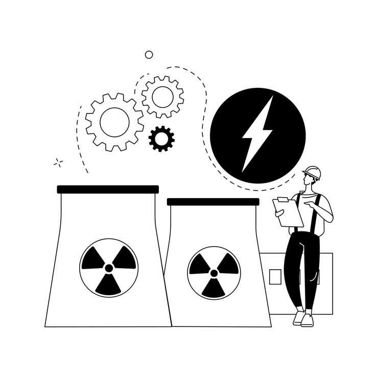 Vettore gratuito illustrazione vettoriale del concetto astratto di energia nucleare centrale nucleare fonte di energia sostenibile torri di raffreddamento atomo di uranio sistema di distribuzione generare elettricità metafora astratta
