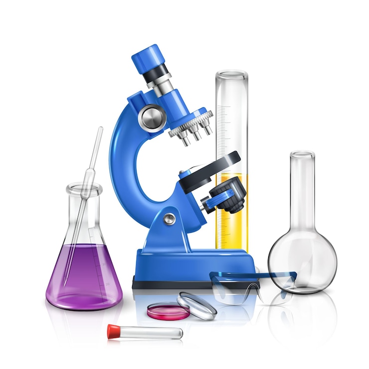 Vettore gratuito illustrazione vettoriale del laboratorio scientifico a composizione realistica costituita da microscopio e flaconi con reagenti chimici