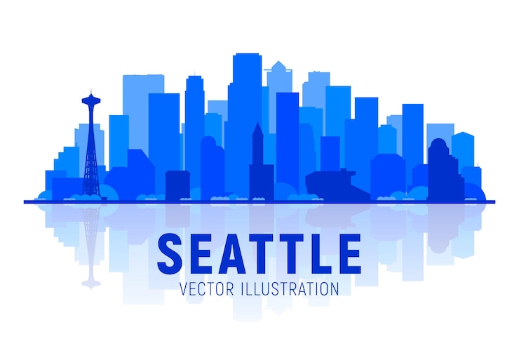 Vettore gratuito illustrazione vettoriale dello skyline della silhouette di seattle washington sfondo con panorama della città foto di viaggio