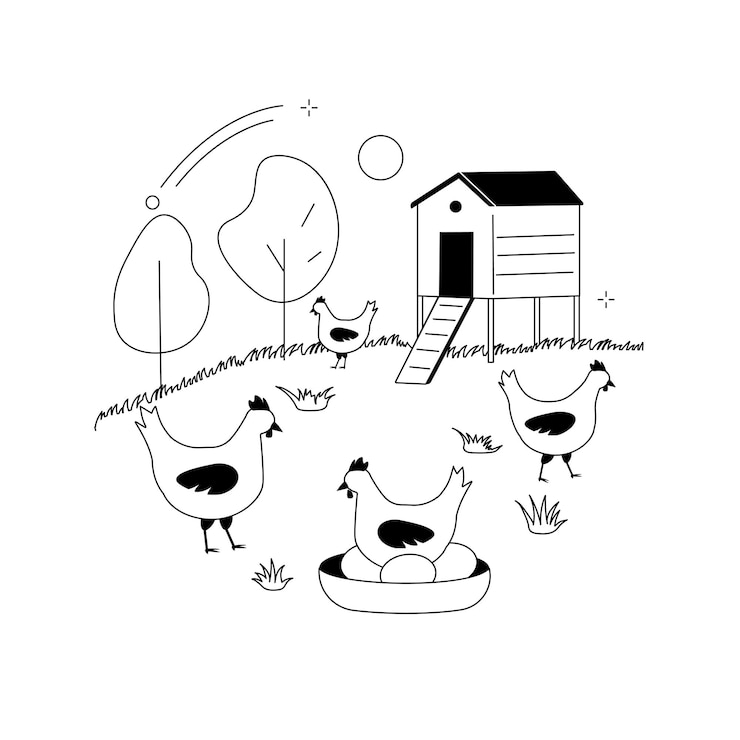 Vettore gratuito illustrazione vettoriale di concetto astratto di pollo e uova a corsa libera uova libere da gabbia cibo biologico dieta ricca di nutrienti polli felici etichettatura degli alimenti certificazione organica metafora astratta standard