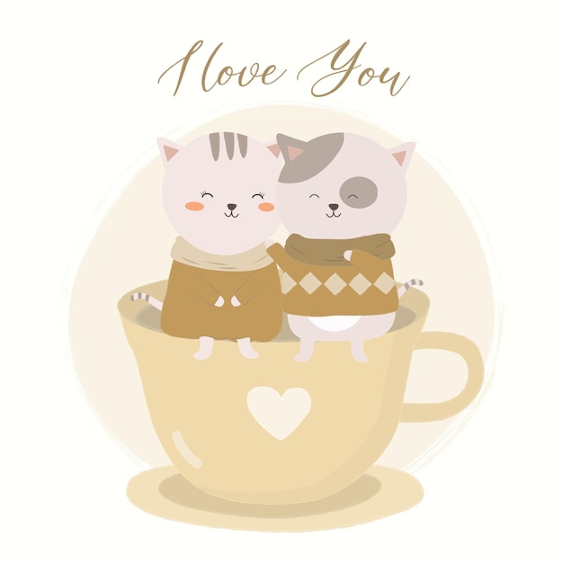 Illustrazione vettoriale di coppia di gatti, tazza di tè e citazione scritta