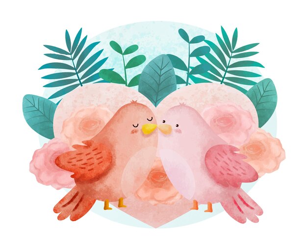 Illustrazione vettoriale di San Valentino Due simpatici uccelli in un cerchio verde decorato con molte foglie per il designer grafico creano un opuscolo di carte d'arte per vari inviti o saluti