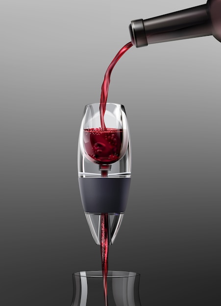 Illustrazione vettoriale di versare il vino rosso in un bicchiere utilizzando aeratore su sfondo grigio sfumato