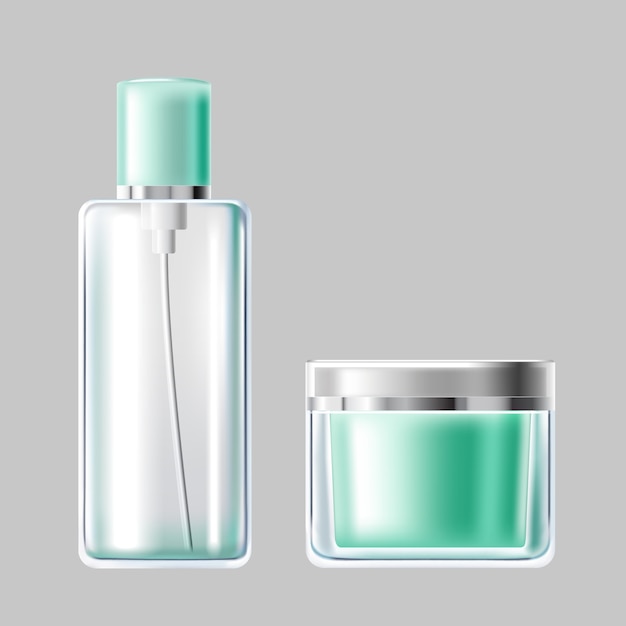 Illustrazione vettoriale insieme di imballaggio cosmetico di vetro blu chiaro