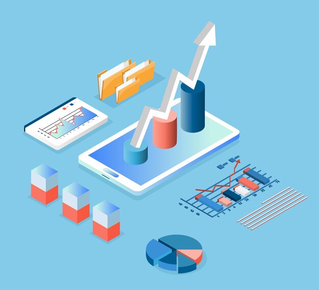 Illustrazione vettoriale isometrica del concetto di tecnologia di analisi aziendale Processo di lavoro con un grande database sul sistema di data center per diagrammi di statistiche di gestione delle vendite e rapporti operativi