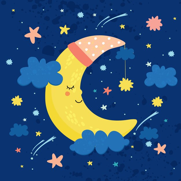 illustrazione vettoriale la luna nel cielo dorme. buona notte