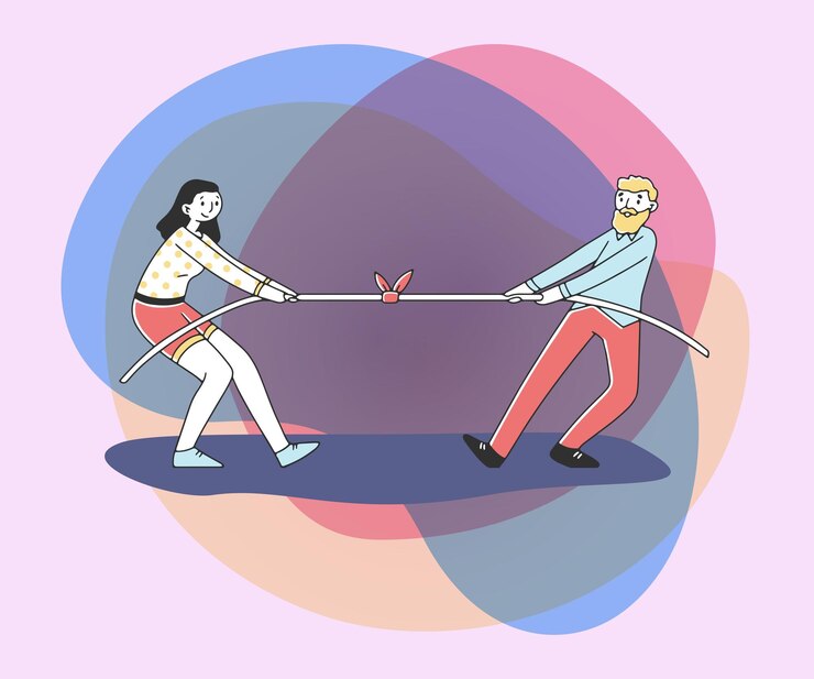 Vettore gratuito illustrazione vettoriale piatta di una donna e un uomo che tirano la corda