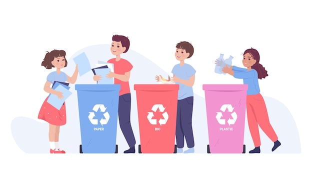 Illustrazione vettoriale piatta per lo smistamento dei bambini. I bambini gettano la spazzatura nei bidoni della spazzatura per la carta bio e i rifiuti di plastica per il riciclaggio. Ragazzi e ragazze che si prendono cura dell'ambiente. Concetto di ecologia