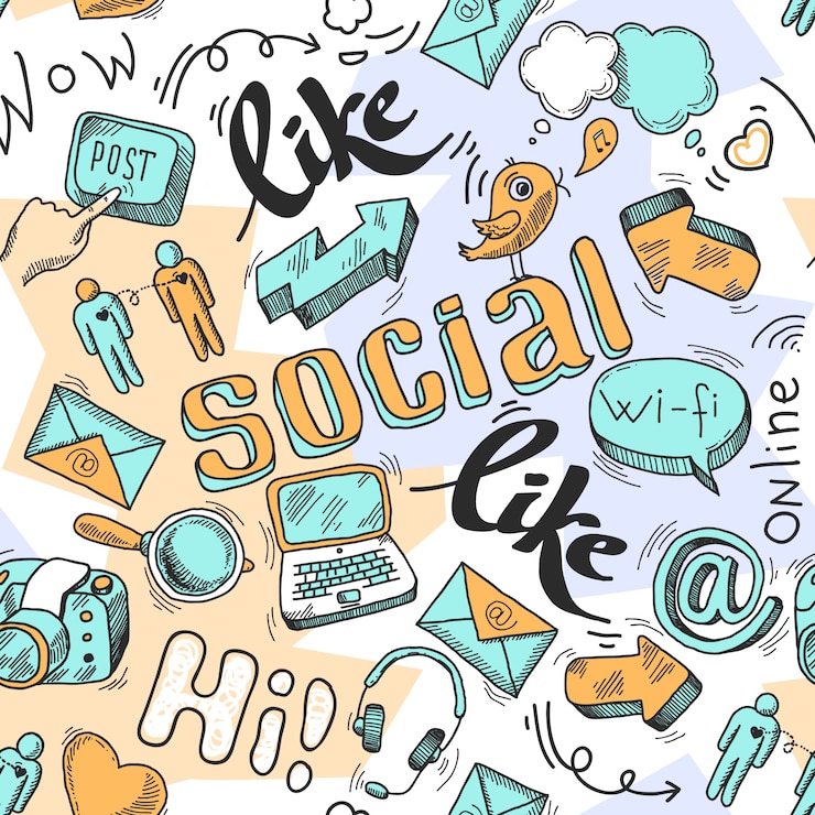 Vettore gratuito illustrazione vettoriale senza soluzione di continuità del modello di social media di doodle