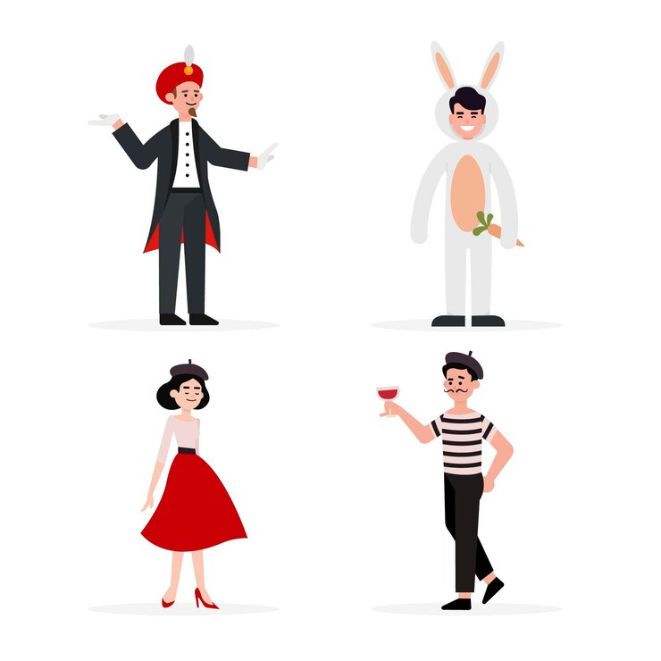 Vettore gratuito illustrazioni piatte di personaggi di carnevale che indossano costumi