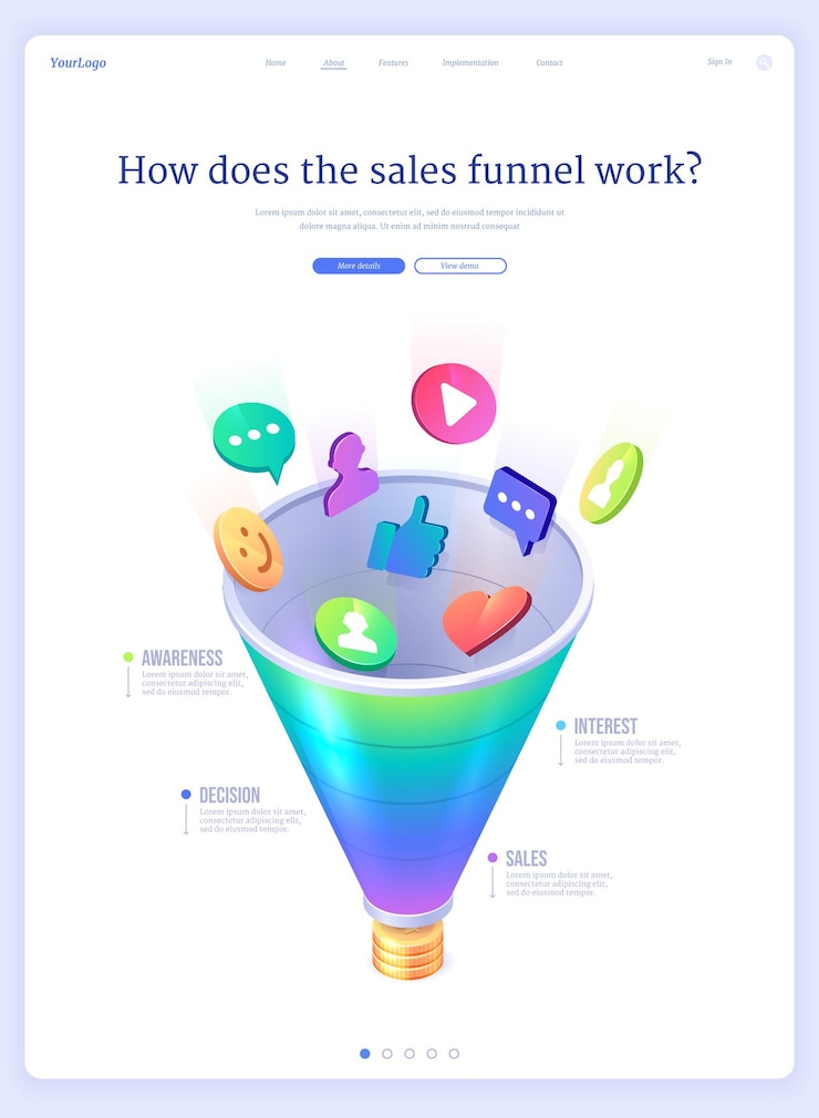 Vettore gratuito imbuto di vendita isometrico pagina di destinazione tasso di conversione denaro profitto lead generation marketing digitale inbound business elettronica consapevolezza tecnologia interesse decisione vendita d banner web