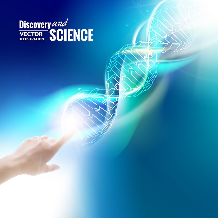 Vettore gratuito immagine del concetto di scienza della mano umana che tocca il dna.