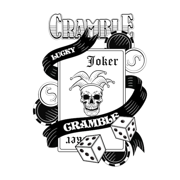 Immagine piana del cranio del casinò del gangster. Logotipo vintage con carte da gioco, jolly, cappello, soldi, dadi