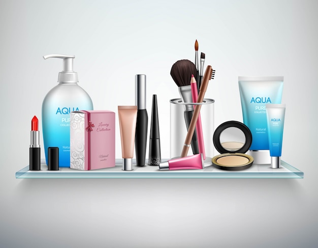 Immagine realistica dello scaffale degli accessori dei cosmetici di trucco