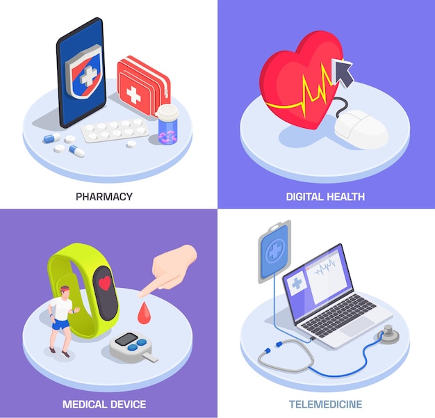Immagini isometriche di telemedicina e salute digitale