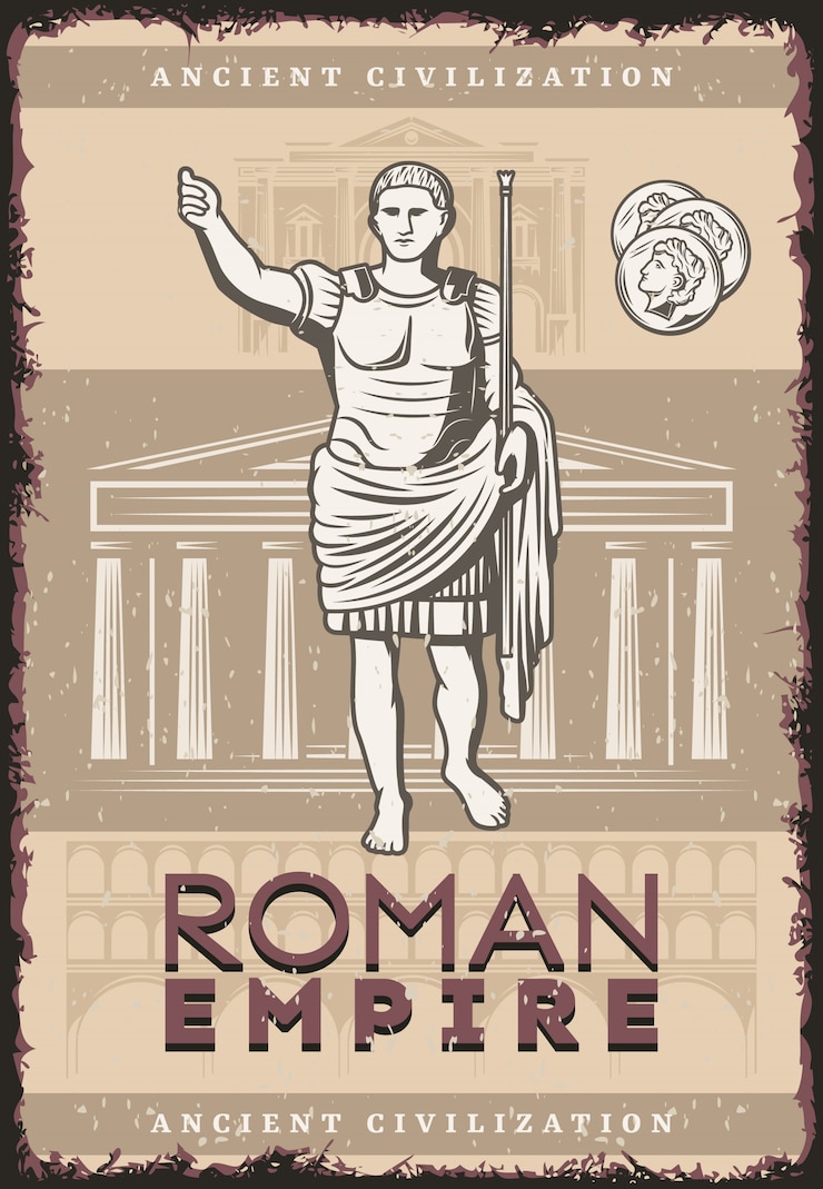 Vettore gratuito impero romano vintage poster con iscrizione giulio cesare monete su edifici dell'antica civiltà di roma