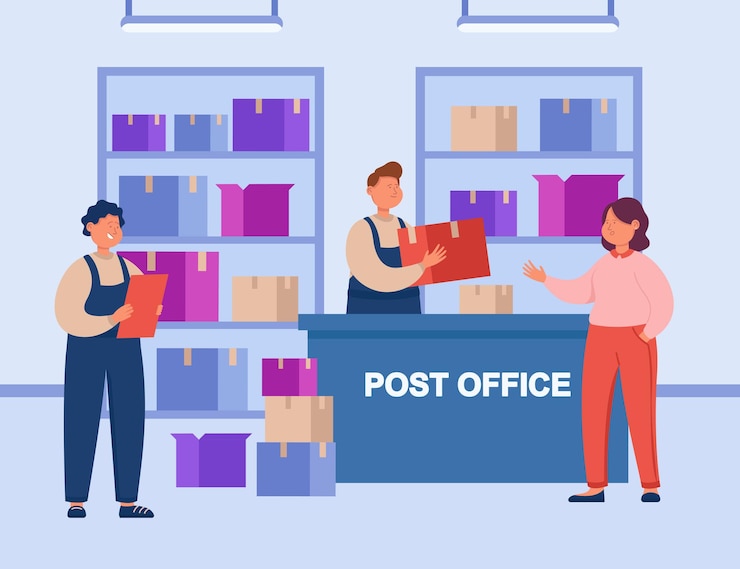 Vettore gratuito impiegato postale in uniforme che dà scatola di cartone alla donna. ricezione dell'ordine o del pacco postale da parte di una cliente femminile al punto di ritiro con illustrazione vettoriale piatta dei pallet. concetto di servizio di consegna