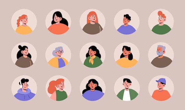Imposta avatar di persone, volti di personaggi maschili e femminili giovani e meno giovani. Diversi uomini o donne con diversi colori di capelli, ritratti di adolescenti e adulti per i social media, icone vettoriali piatte con disegni al tratto isolato