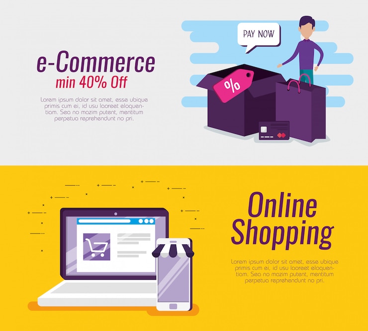 Vettore gratuito imposta l'e-commerce per laptop e smartphone con pacchetti e borse