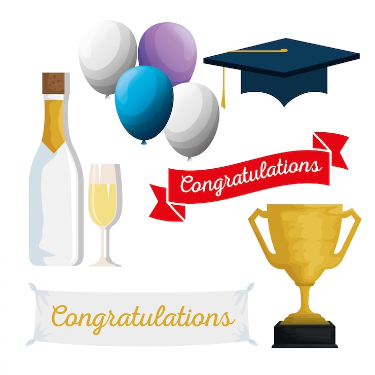 Vettore gratuito impostare il cappello di laurea con palloncini e champagne per l'evento