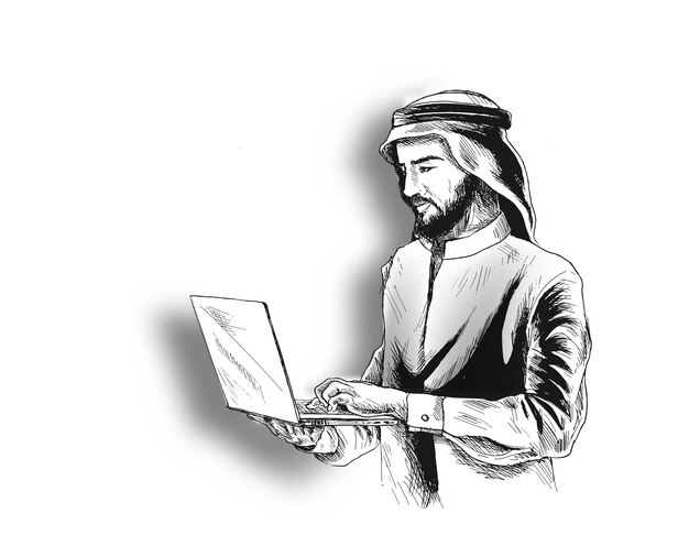 Imprenditore arabo nel concetto di business lavorando su uno sfondo vettoriale di schizzo di notebook