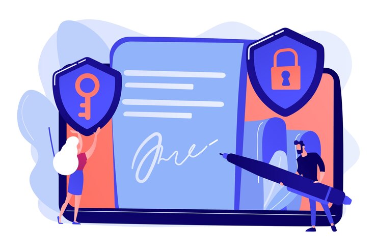 Imprenditore mettendo la firma elettronica sul documento, scudi di sicurezza. Firma elettronica, modello di firma elettronica, illustrazione del concetto di accordo di consenso con firma elettronica