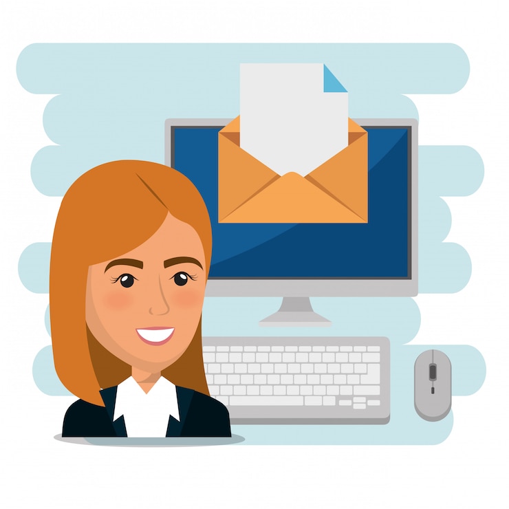 Vettore gratuito imprenditrice con icone di marketing e-mail