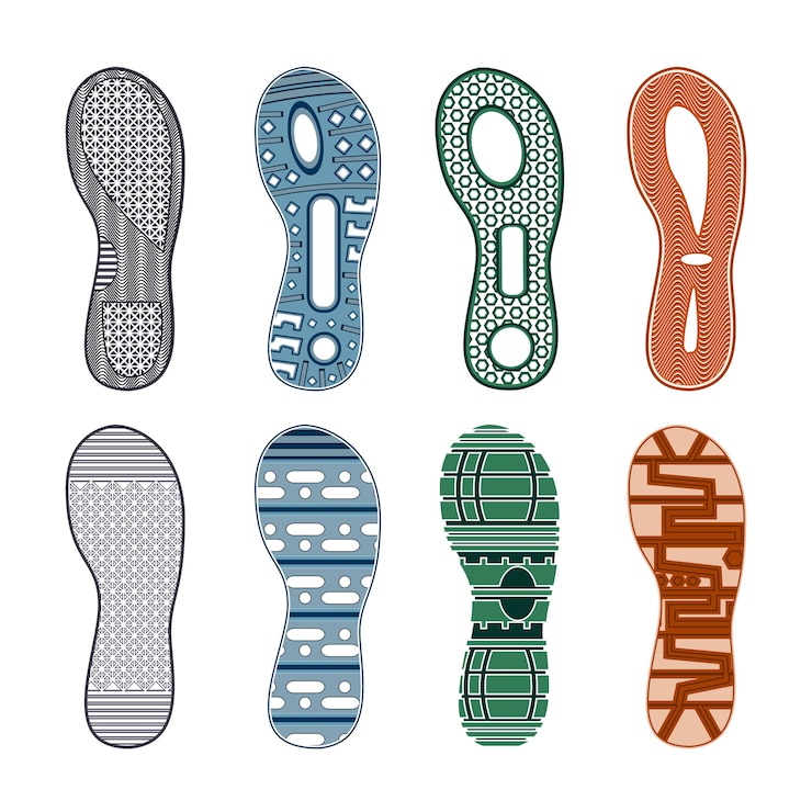 Vettore gratuito impronte di scarpe sportive colorato insieme di diversi modelli su sfondo bianco isolato